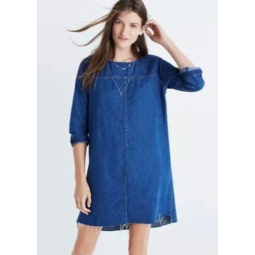 Madewell Denim Shift Mini Dress Womens Small Cotton Linen Blend Raw Step Hem